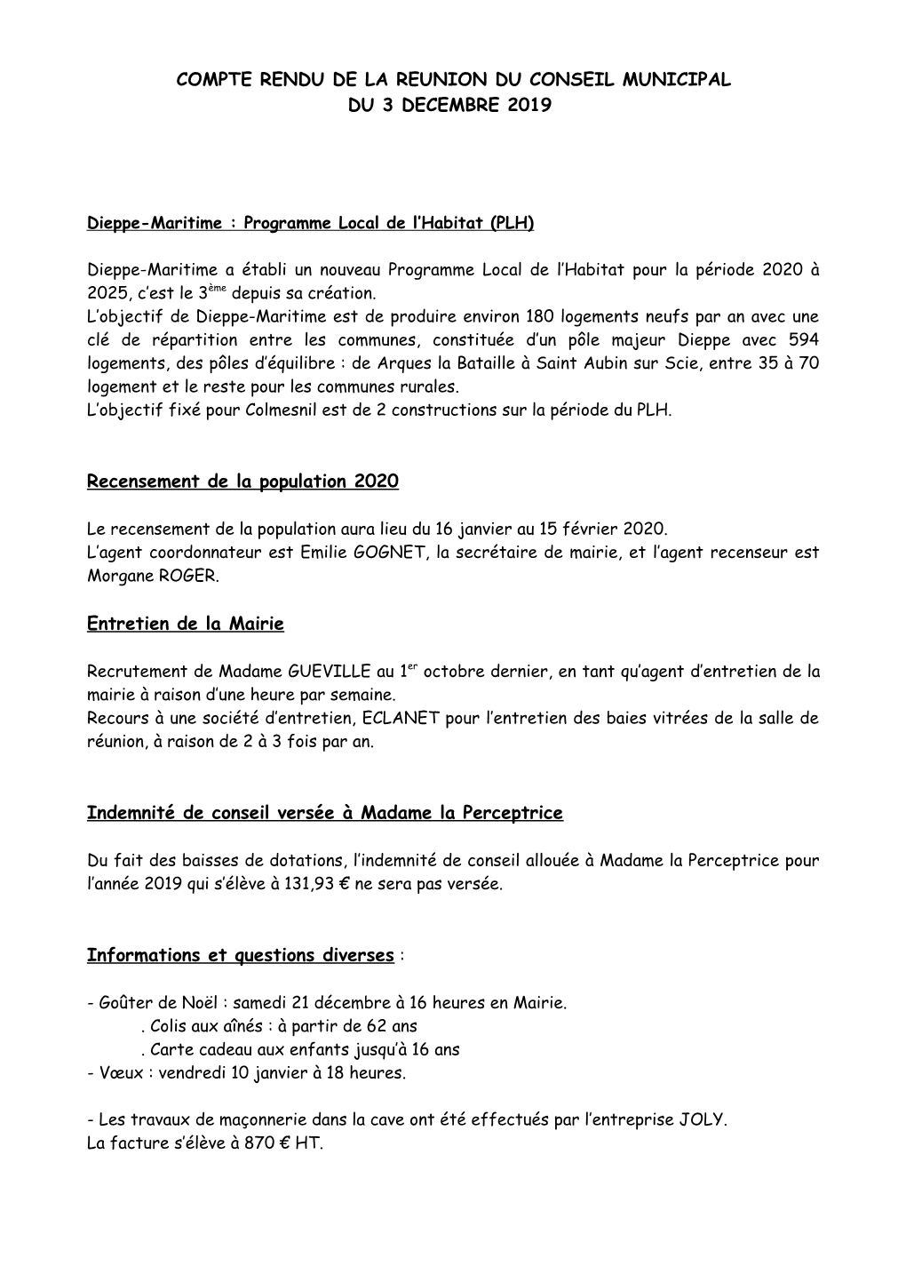 Compte Rendu De La Reunion Du Conseil Municipal Du 3 Decembre 2019