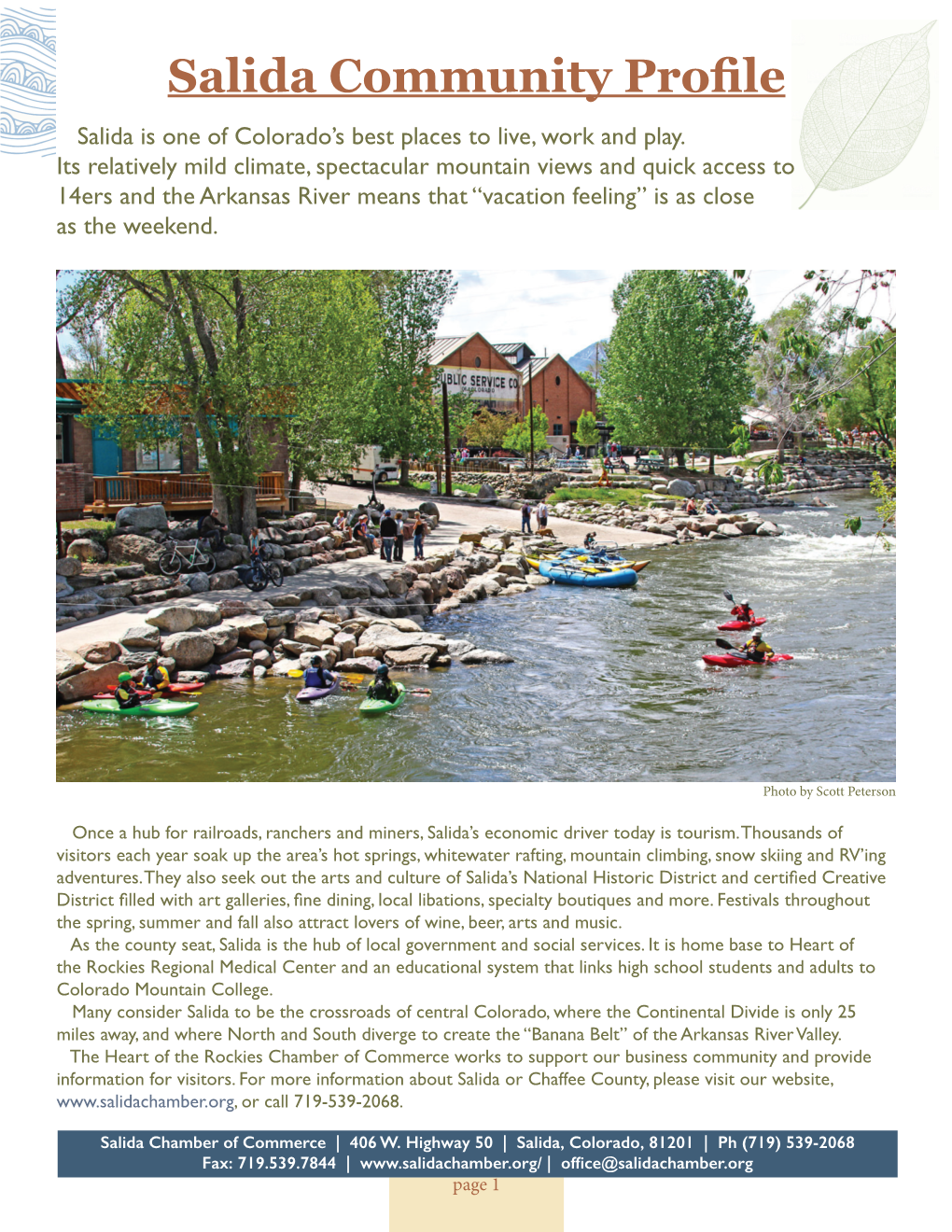 Salida Community Profile Salida Is One of Colorado’S Best Places to Live, Work and Play