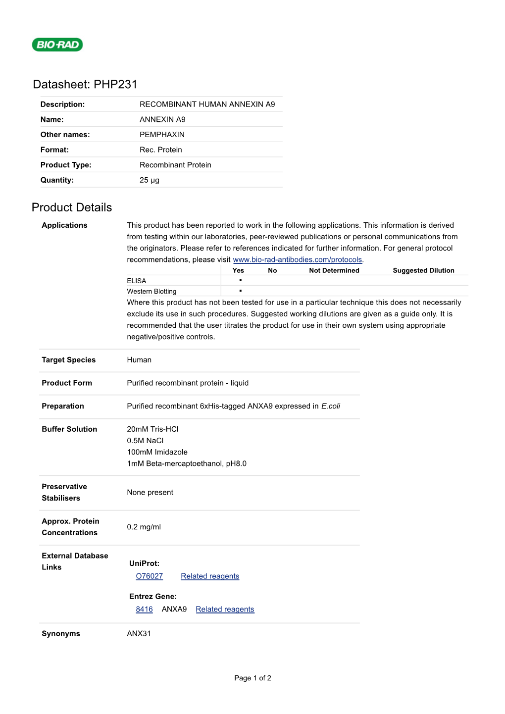 Datasheet: PHP231 Product Details