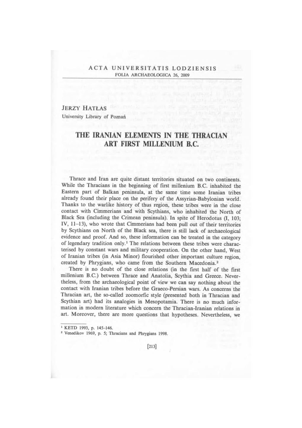 The Iranian Elements in the Thracian Art First Millenium B.C