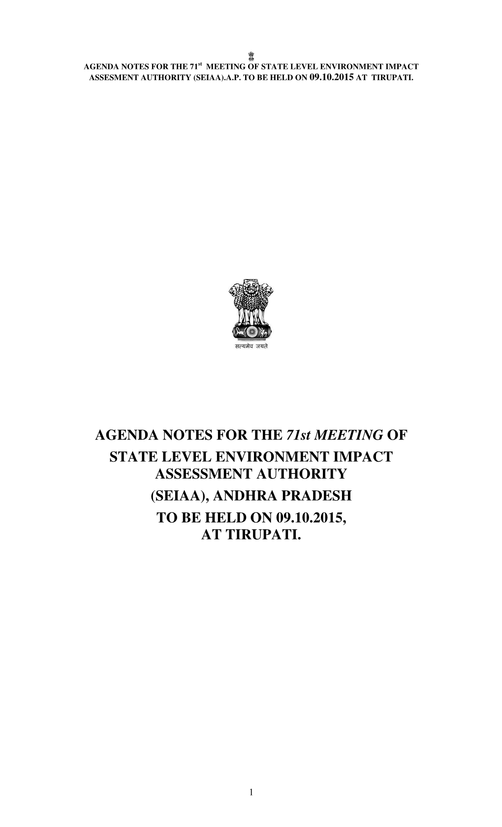 (Seiaa), Andhra Pradesh to Be Held on 09.10.2015, at Tirupati