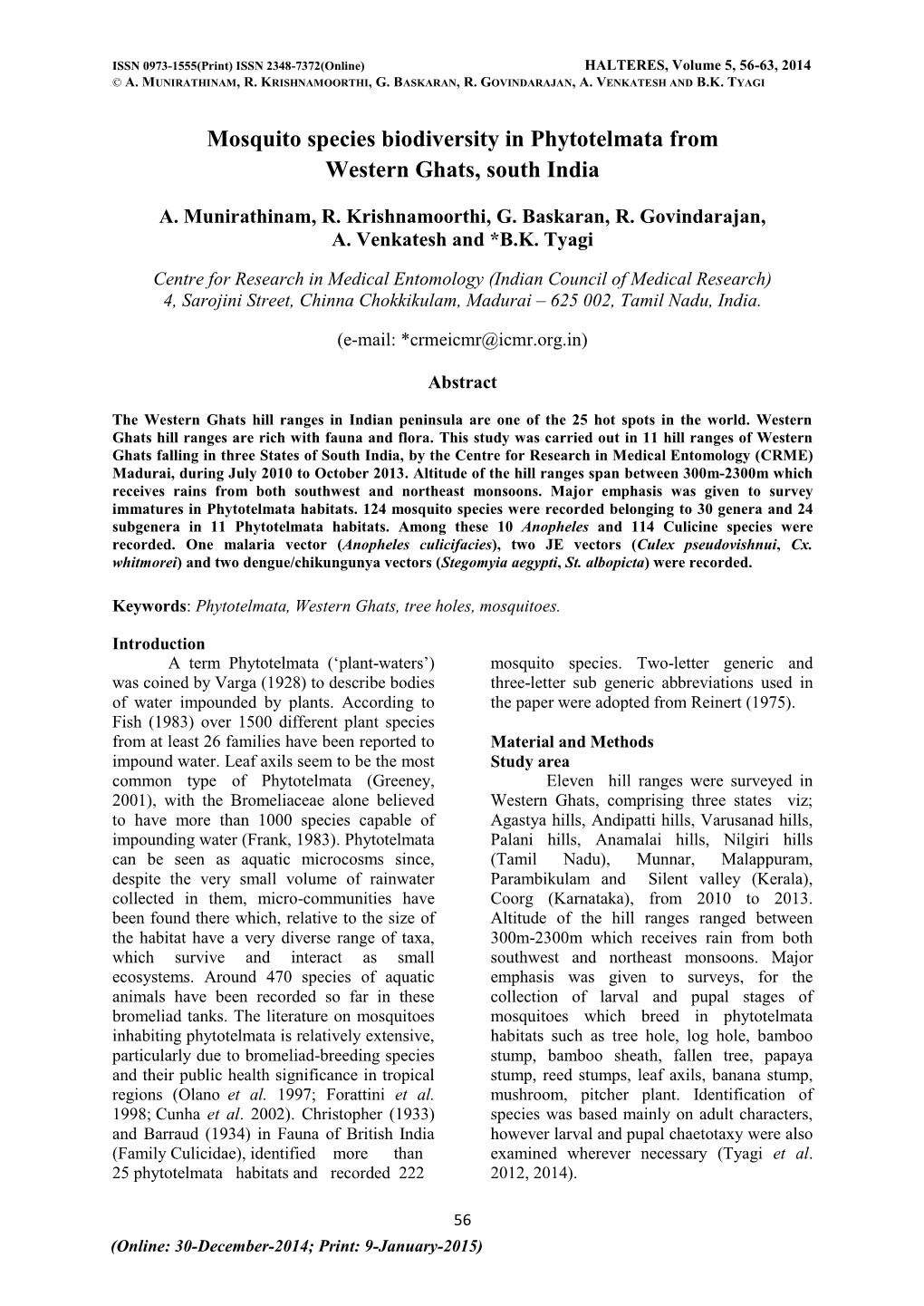 Mosquito Species Biodiversity in Phytotelmata from Western Ghats, South India