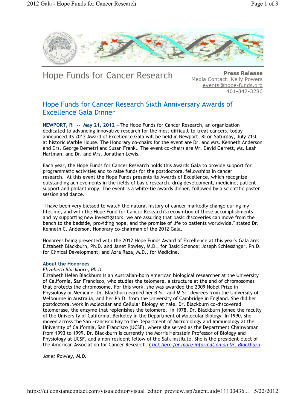 Press Release Hope Funds for Cancer Research Media Contact: Kelly Powers Events@Hope-Funds.Org 401-847-3286