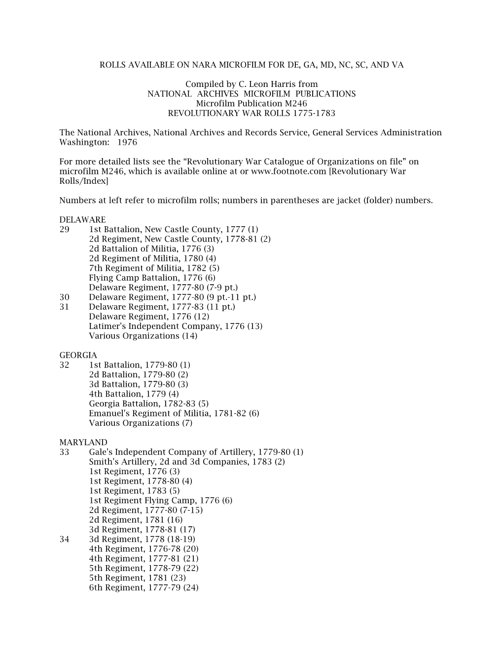 Rolls Available on NARA Microfilm for DE, GA, MD, NC, SC and VA