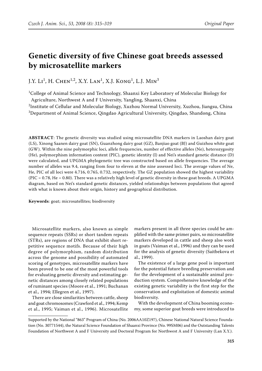 Genetic Diversity of Five Chinese Goat Breeds Assessed by Microsatellite Markers