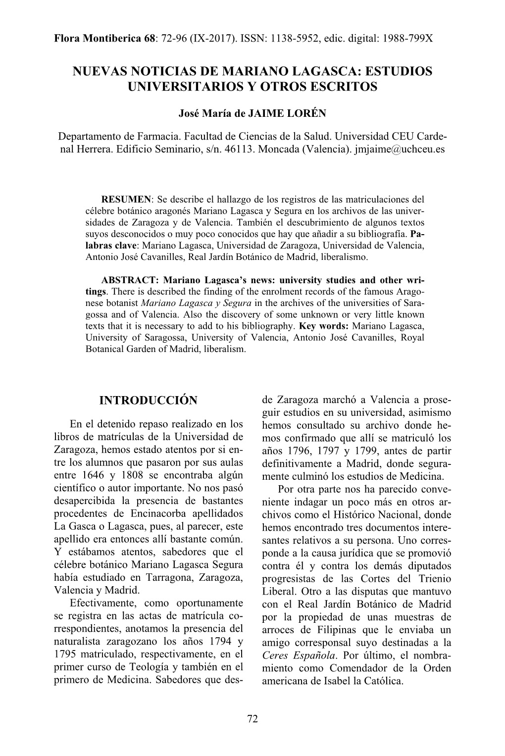 Nuevas Noticias De Mariano Lagasca: Estudios Universitarios Y Otros Escritos