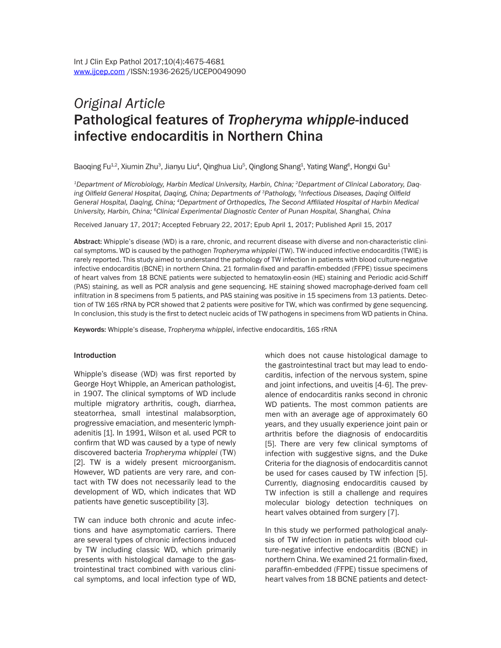 Original Article Pathological Features of Tropheryma Whipple-Induced Infective Endocarditis in Northern China