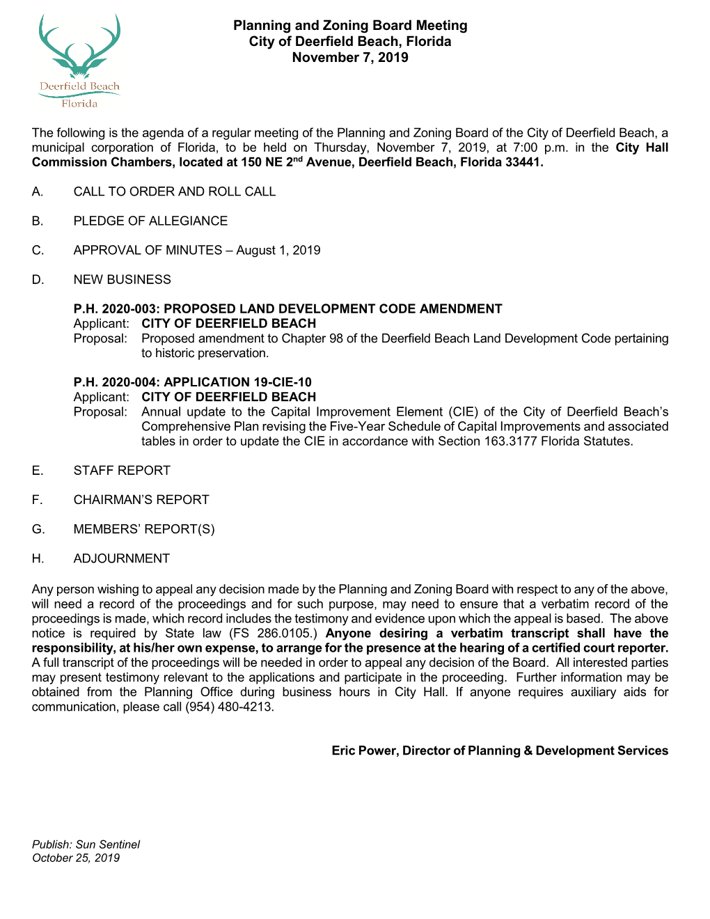 Planning and Zoning Board Meeting City of Deerfield Beach, Florida November 7, 2019