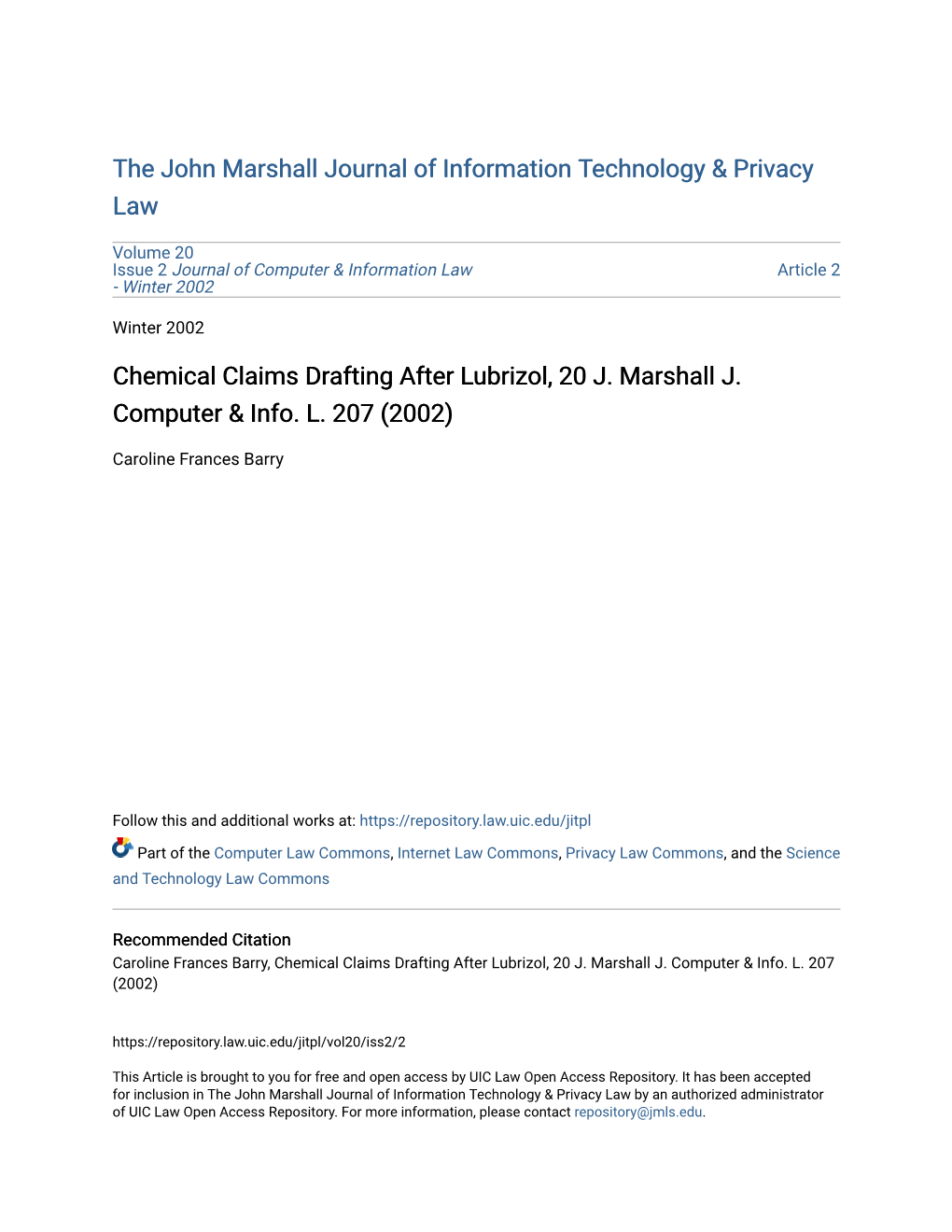 Chemical Claims Drafting After Lubrizol, 20 J. Marshall J. Computer & Info. L