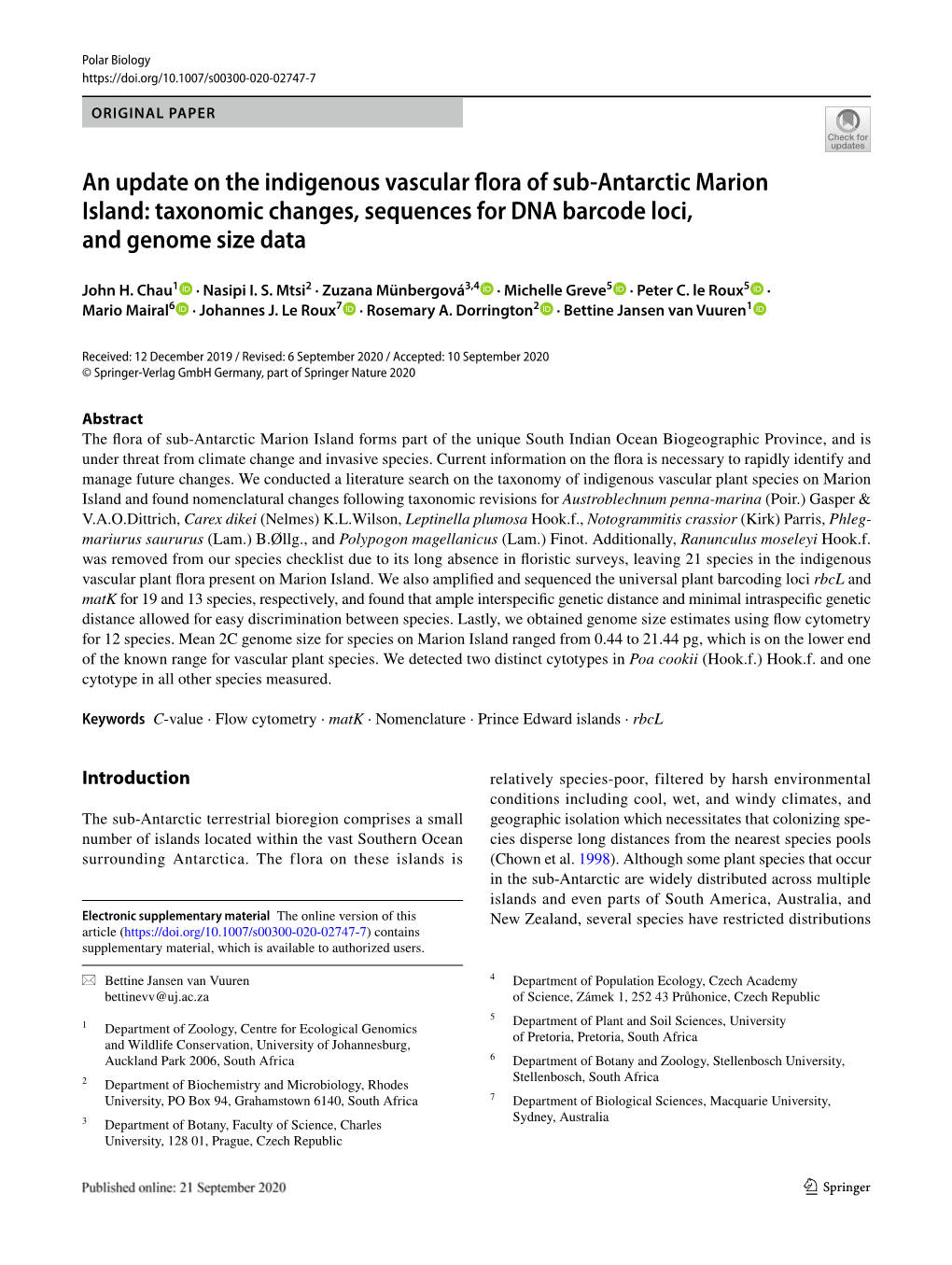 An Update on the Indigenous Vascular Flora of Sub-Antarctic