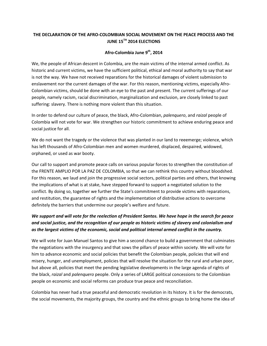 The Declaration of the Afro-Colombian Social Movement on the Peace Process and the June 15Th 2014 Elections