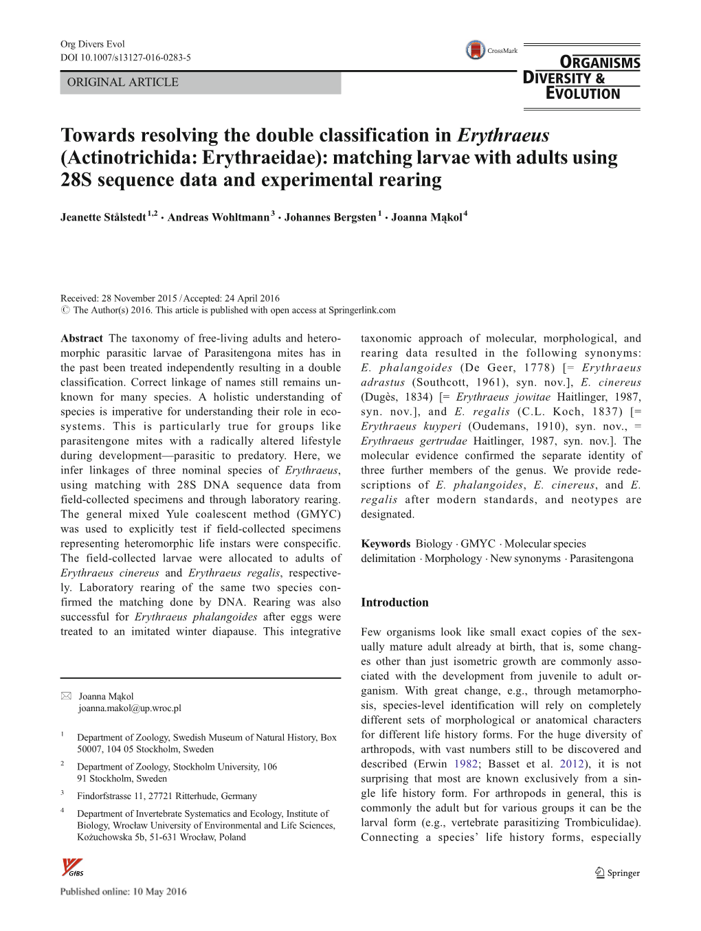 Towards Resolving the Double Classification in Erythraeus (Actinotrichida: Erythraeidae): Matching Larvae with Adults Using 28S Sequence Data and Experimental Rearing