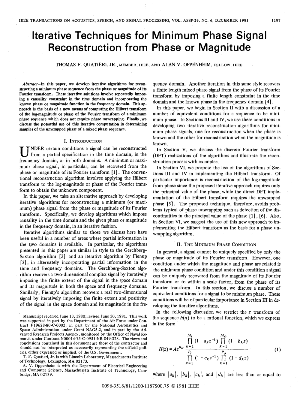 Iterative Techniques for Minimum Phase Signal Reconstruction from Phase Or Magnitude