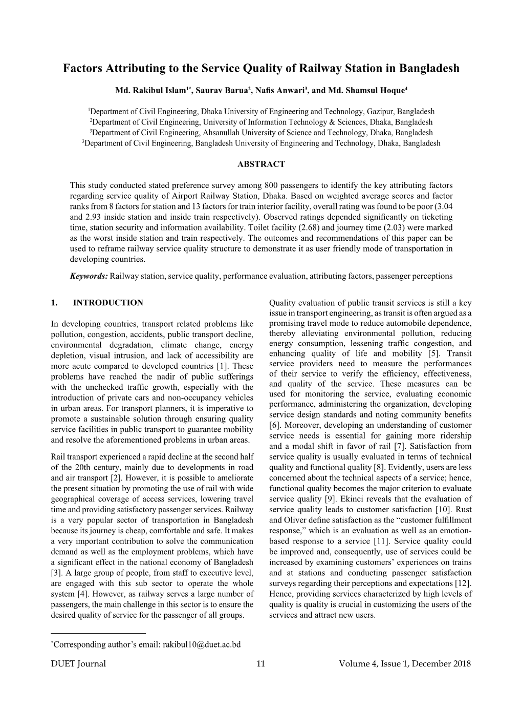 Factors Attributing to the Service Quality of Railway Station in Bangladesh Factors Attributing to the Service Quality of Railway Station in Bangladesh