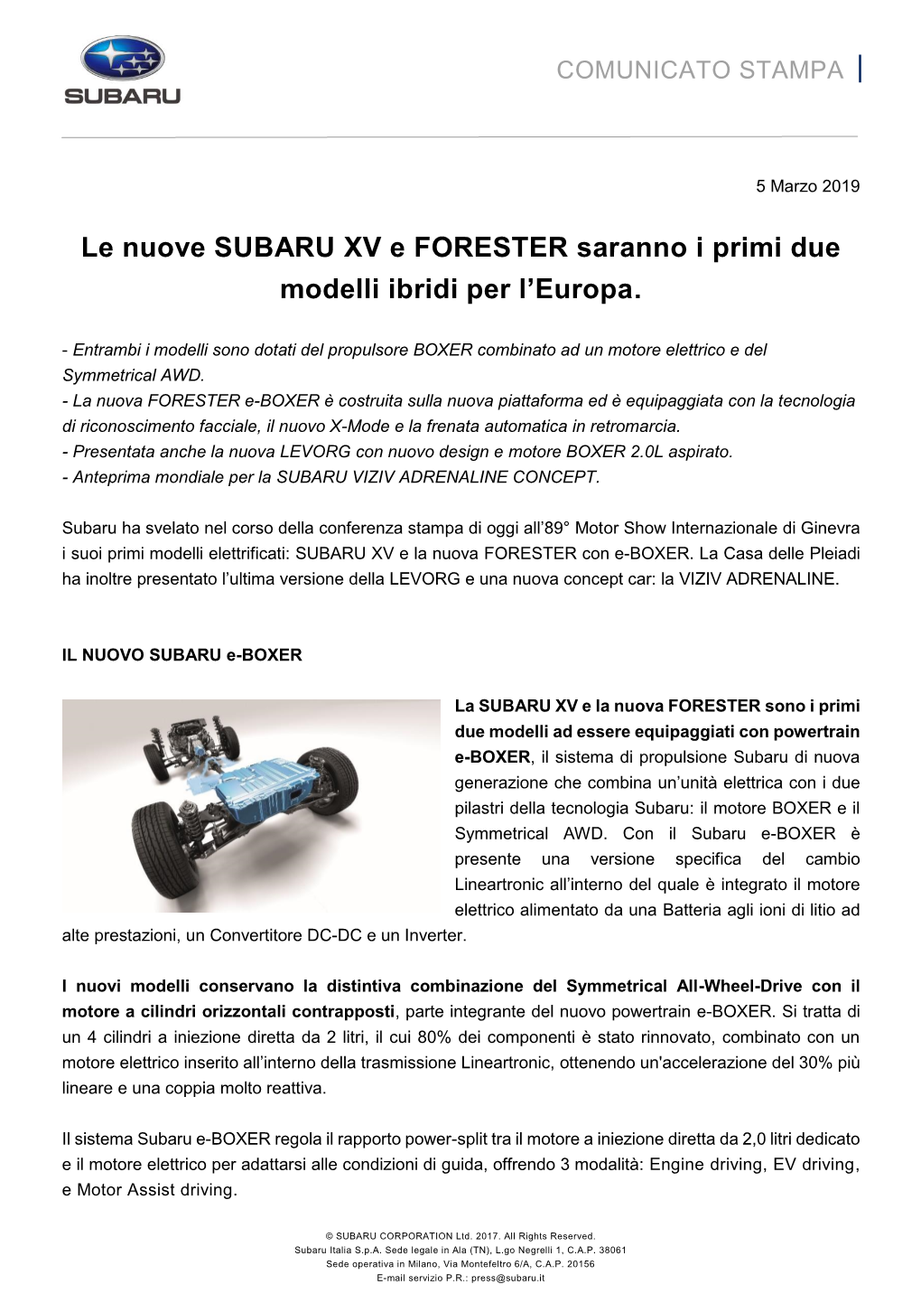 Le Nuove SUBARU XV E FORESTER Saranno I Primi Due Modelli Ibridi Per L’Europa