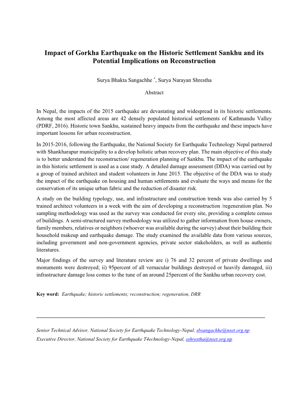 Impact of Gorkha Earthquake on the Historic Settlement Sankhu and Its Potential Implications on Reconstruction