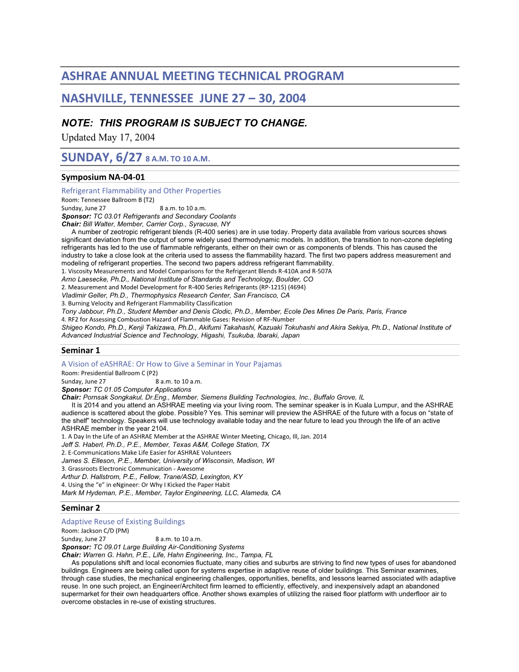 2004 ASHRAE Annual Meeting Program (Nashville, TN, June 27-30)