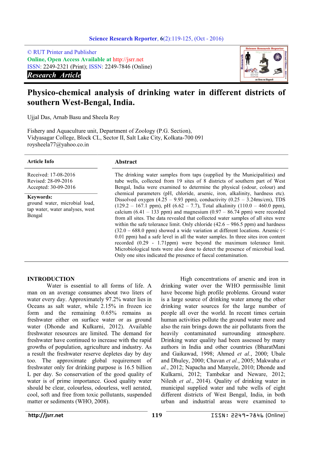 Physico-Chemical Analysis of Drinking Water in Different Districts of Southern West-Bengal, India