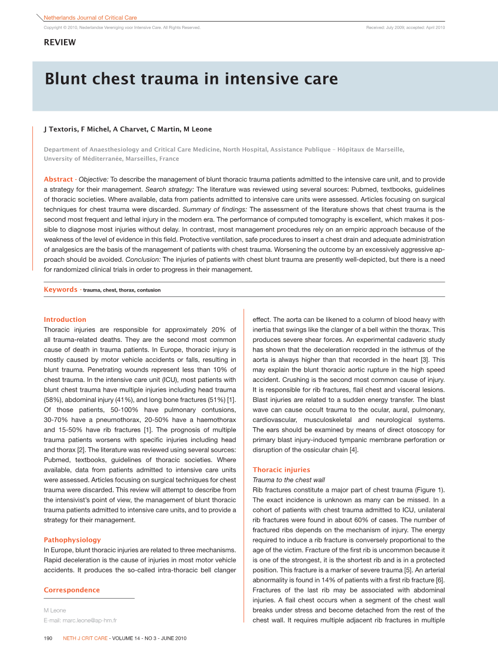 2010 NVIC NJCC 03 V2.Indd 190 25-05-10 12:39 Netherlands Journal of Critical Care Blunt Chest Trauma in Intensive Care