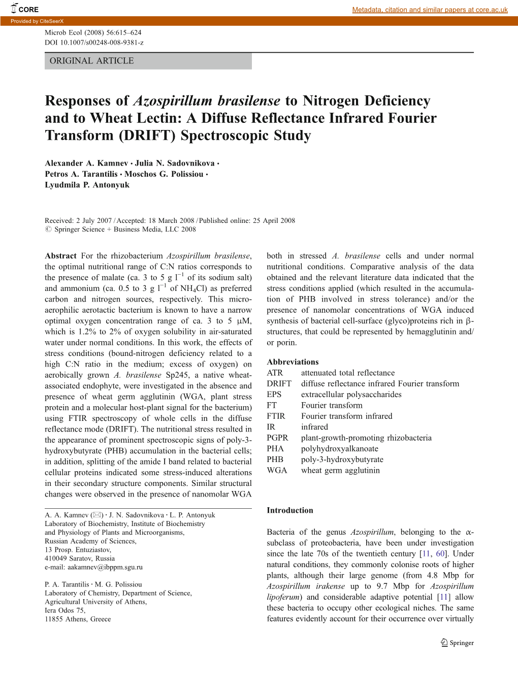 Responses of Azospirillum Brasilense to Nitrogen Deficiency and to Wheat Lectin: a Diffuse Reflectance Infrared Fourier Transform (DRIFT) Spectroscopic Study