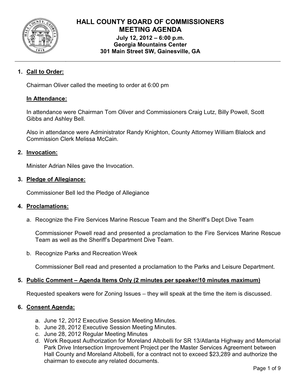 HALL COUNTY BOARD of COMMISSIONERS MEETING AGENDA July 12, 2012 – 6:00 P.M