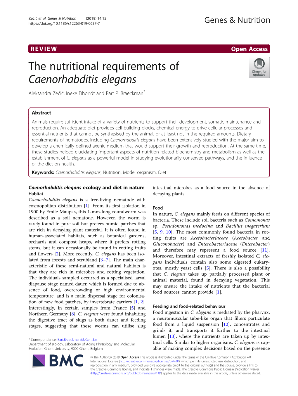 The Nutritional Requirements of Caenorhabditis Elegans Aleksandra Zečić, Ineke Dhondt and Bart P