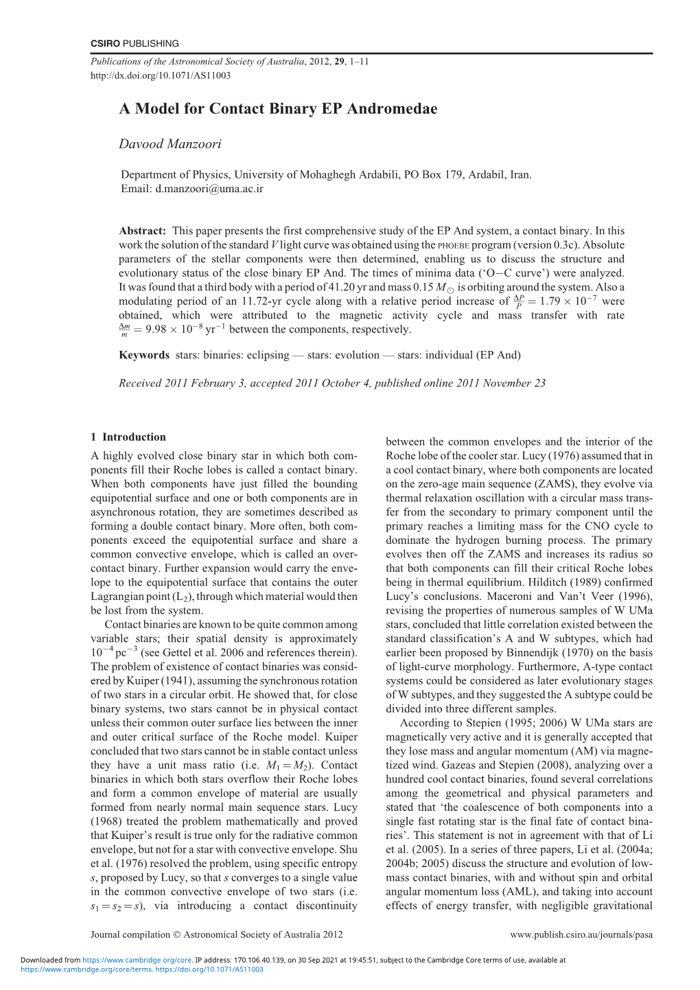 A Model for Contact Binary EP Andromedae