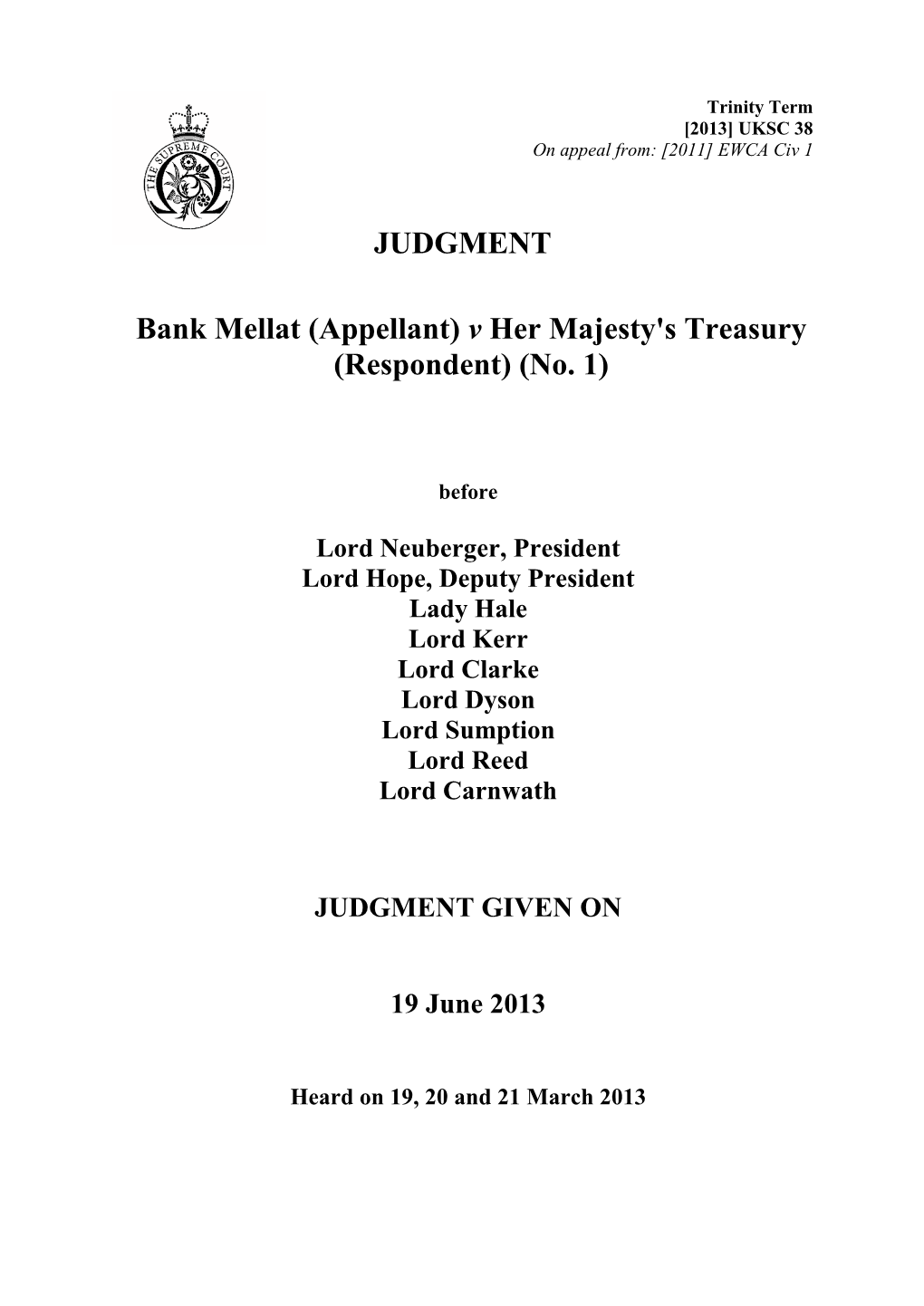 Bank Mellat (Appellant) V Her Majesty's Treasury (Respondent) (No