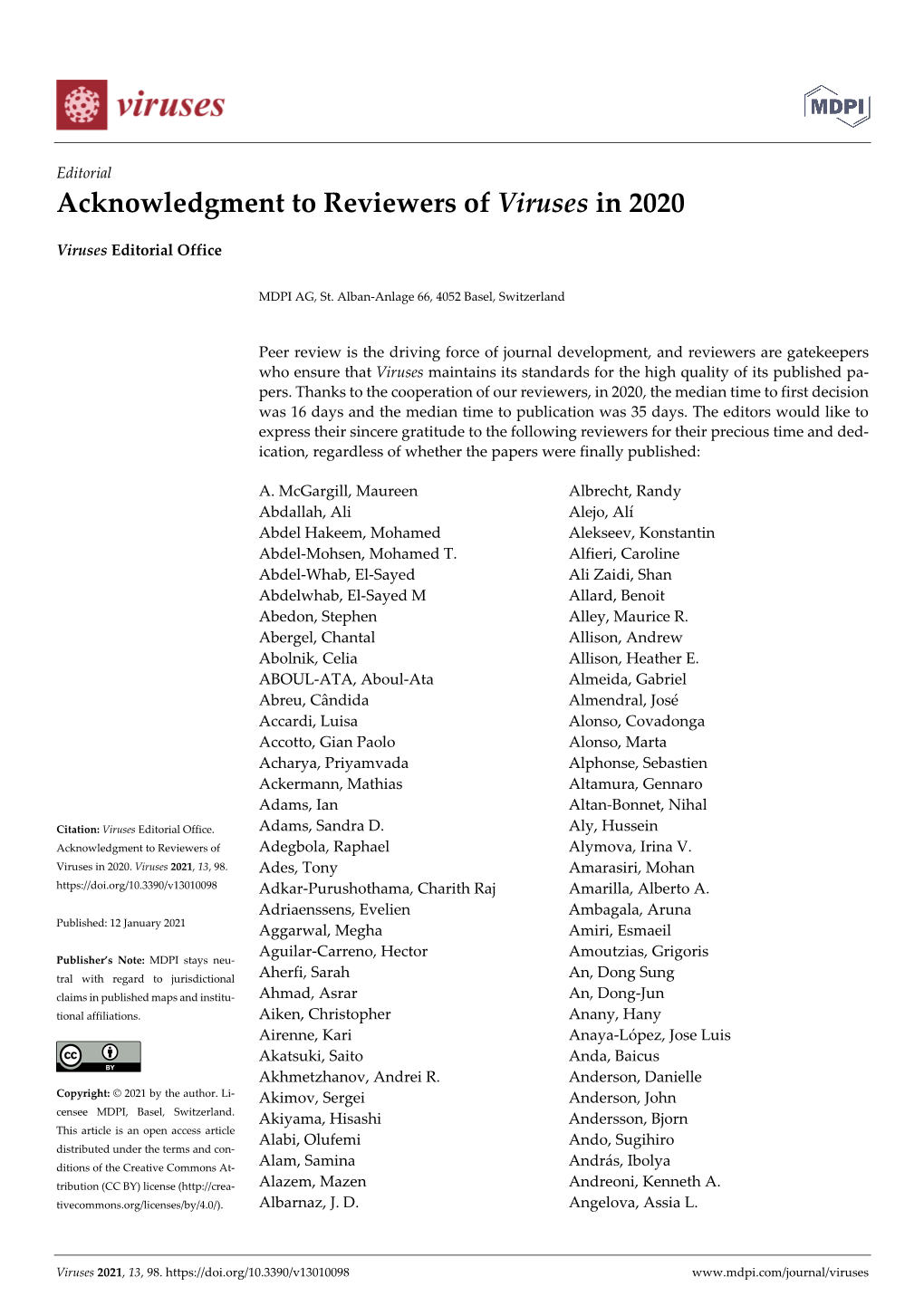 Acknowledgment to Reviewers of Viruses in 2020