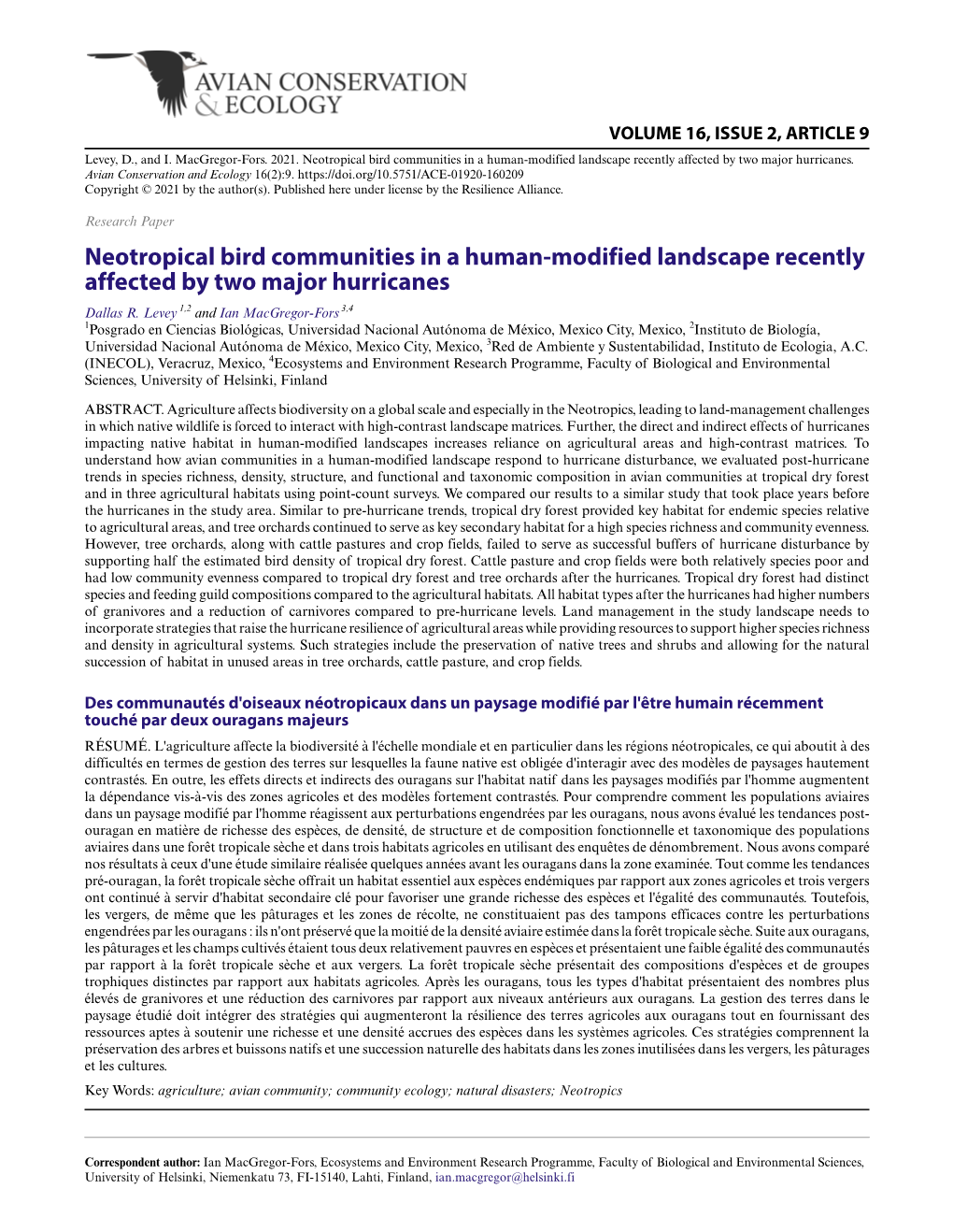 Neotropical Bird Communities in a Human-Modified Landscape Recently Affected by Two Major Hurricanes