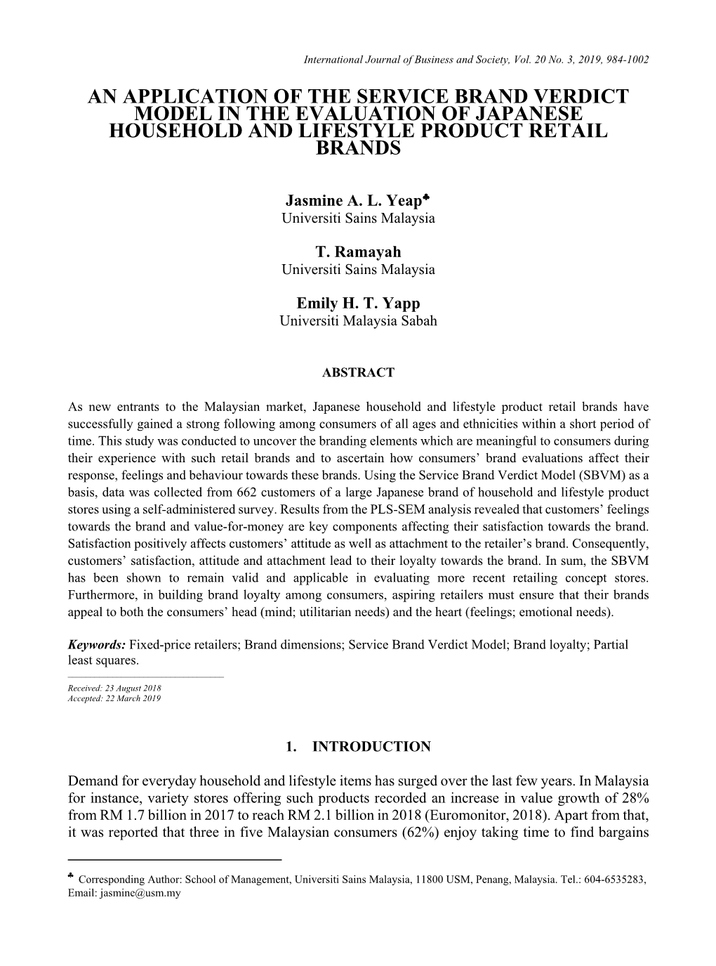 An Application of the Service Brand Verdict Model in the Evaluation of Japanese Household and Lifestyle Product Retail Brands