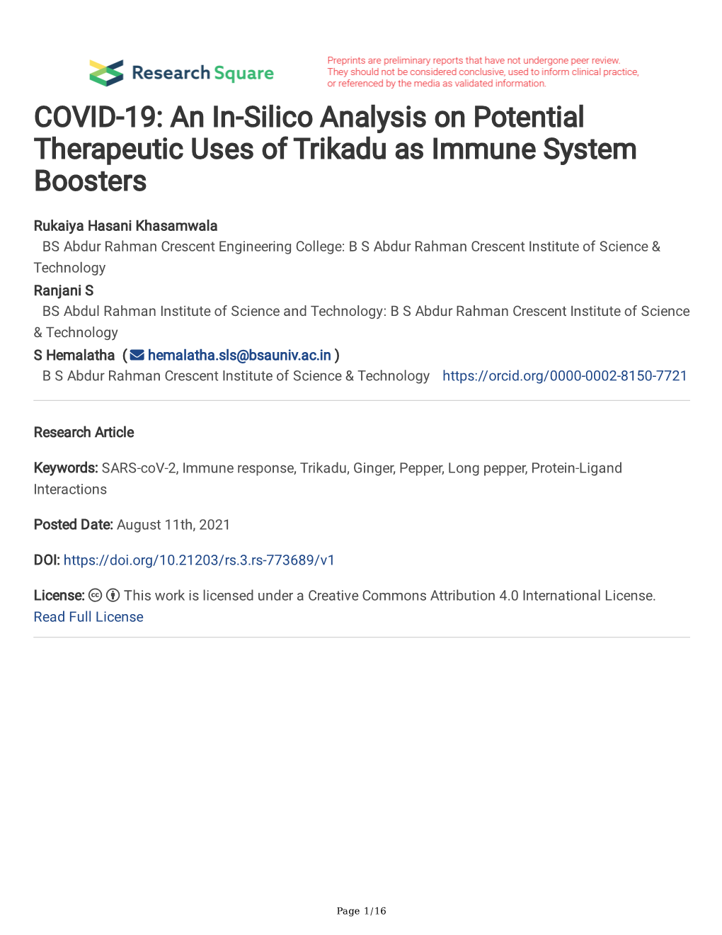 COVID-19: an In-Silico Analysis on Potential Therapeutic Uses of Trikadu As Immune System Boosters