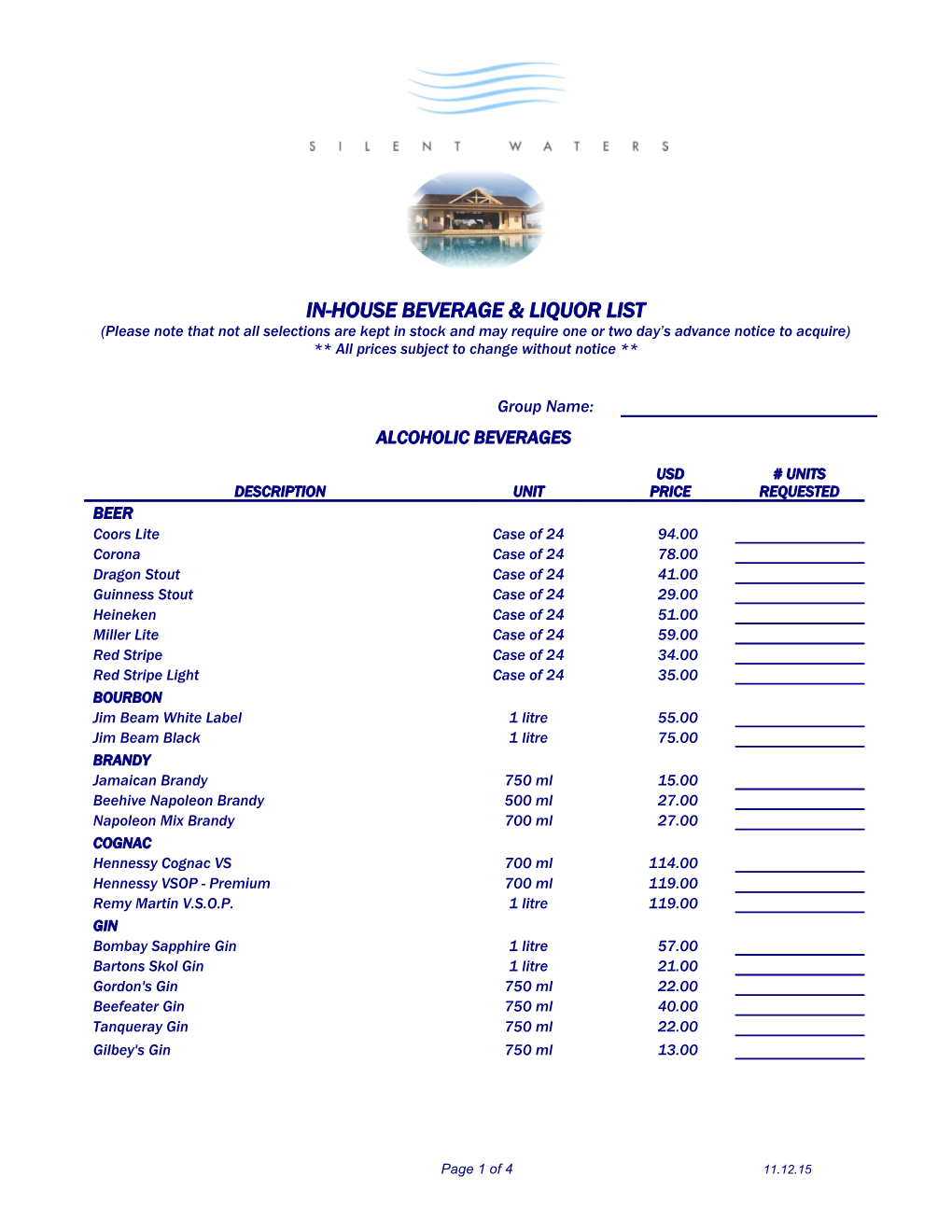 In-House Beverage & Liquor List