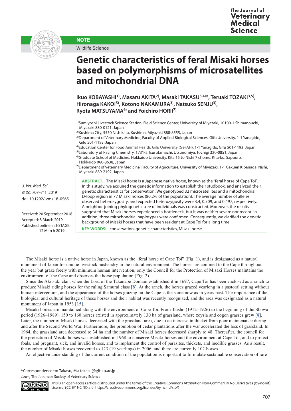 Genetic Characteristics of Feral Misaki Horses Based on Polymorphisms of Microsatellites and Mitochondrial DNA