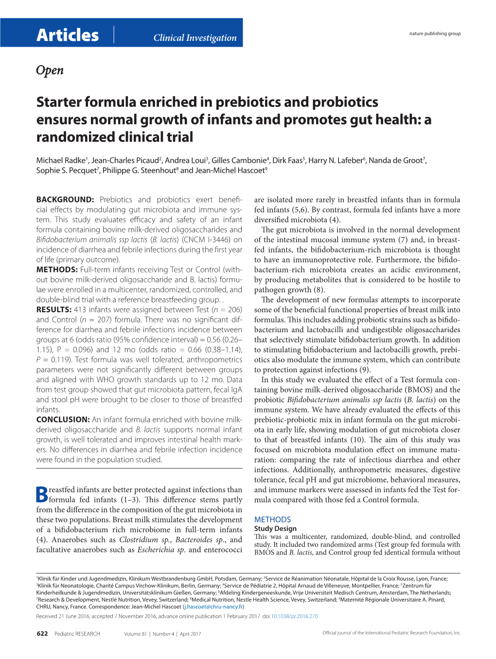 Starter Formula Enriched in Prebiotics and Probiotics Ensures Normal Growth of Infants and Promotes Gut Health: a Randomized Clinical Trial