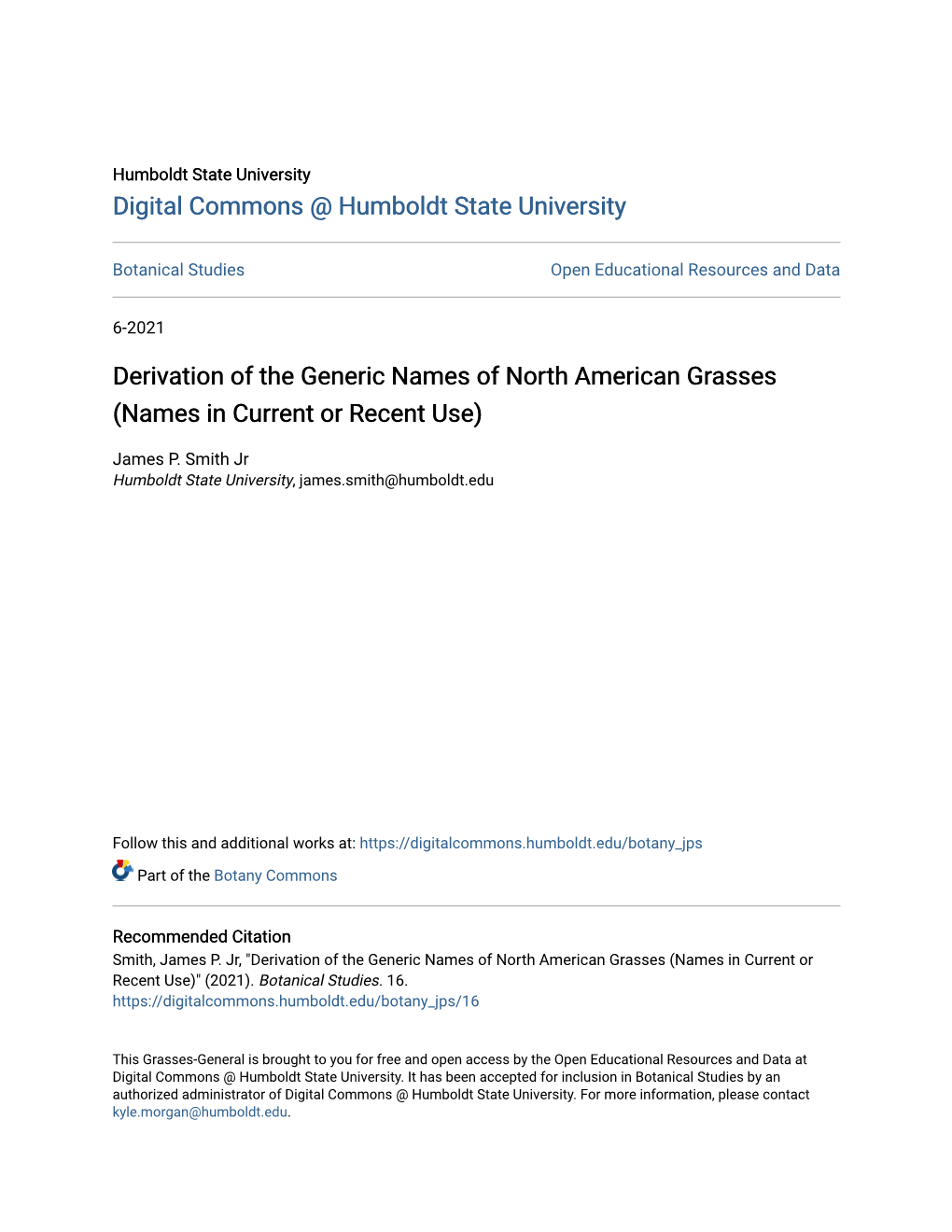 Derivation of the Generic Names of North American Grasses (Names in Current Or Recent Use)