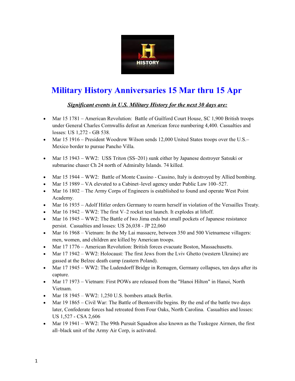 Significant Events in U.S. Military History for the Next 30 Days Are