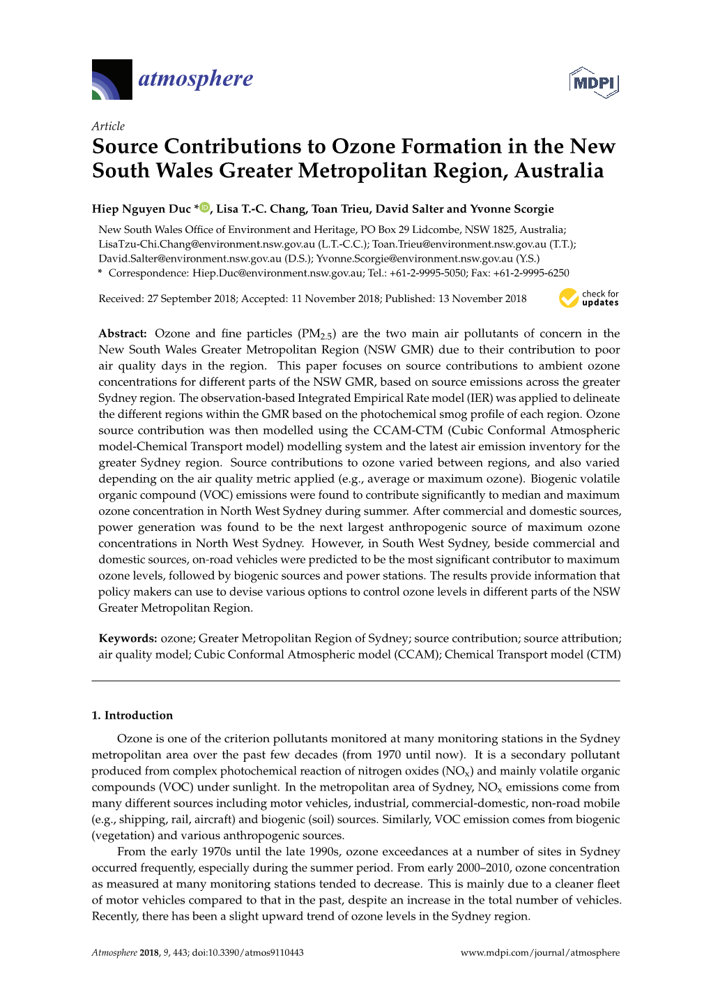 Source Contributions to Ozone Formation in the New South Wales Greater Metropolitan Region, Australia