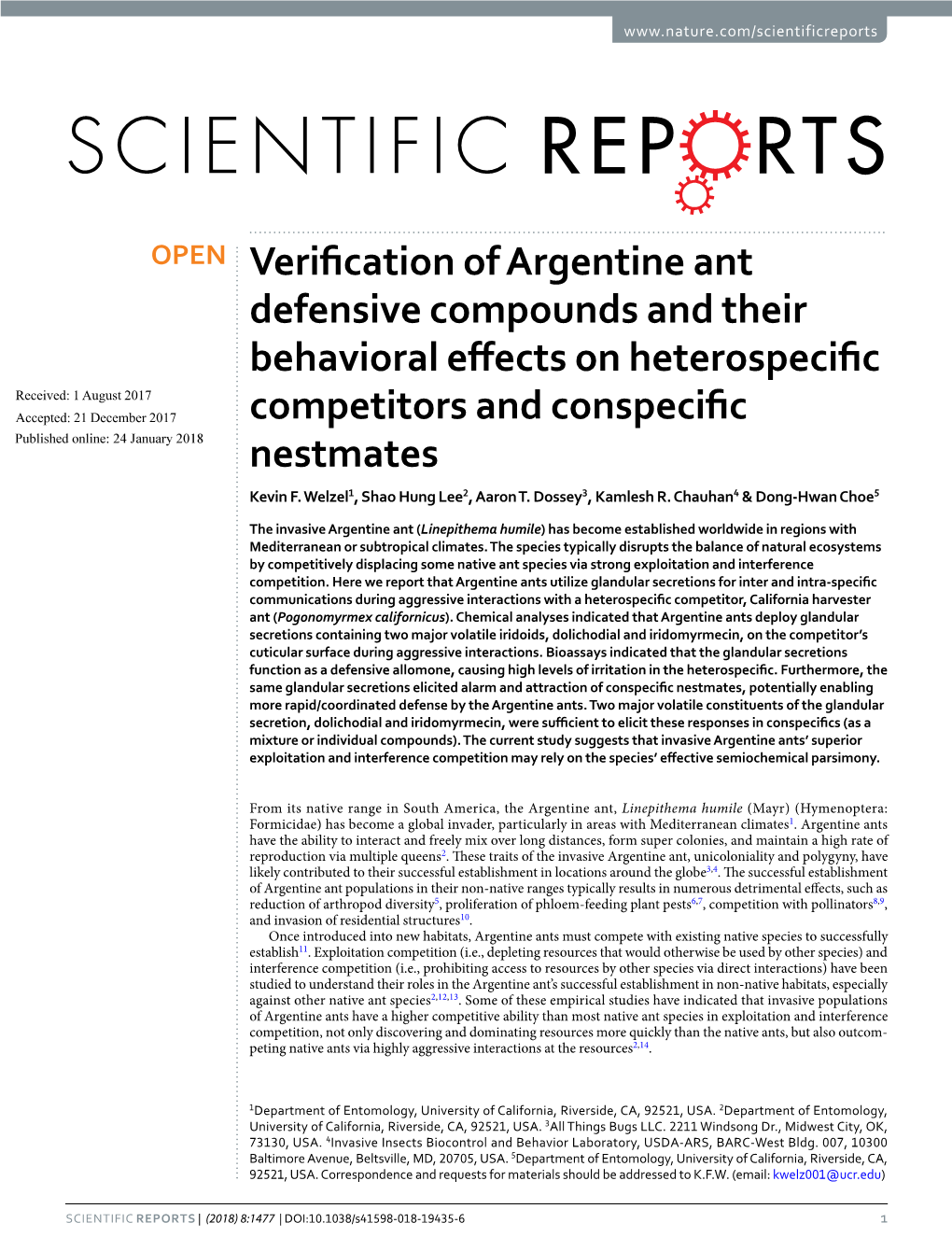 Verification of Argentine Ant Defensive Compounds and Their Behavioral