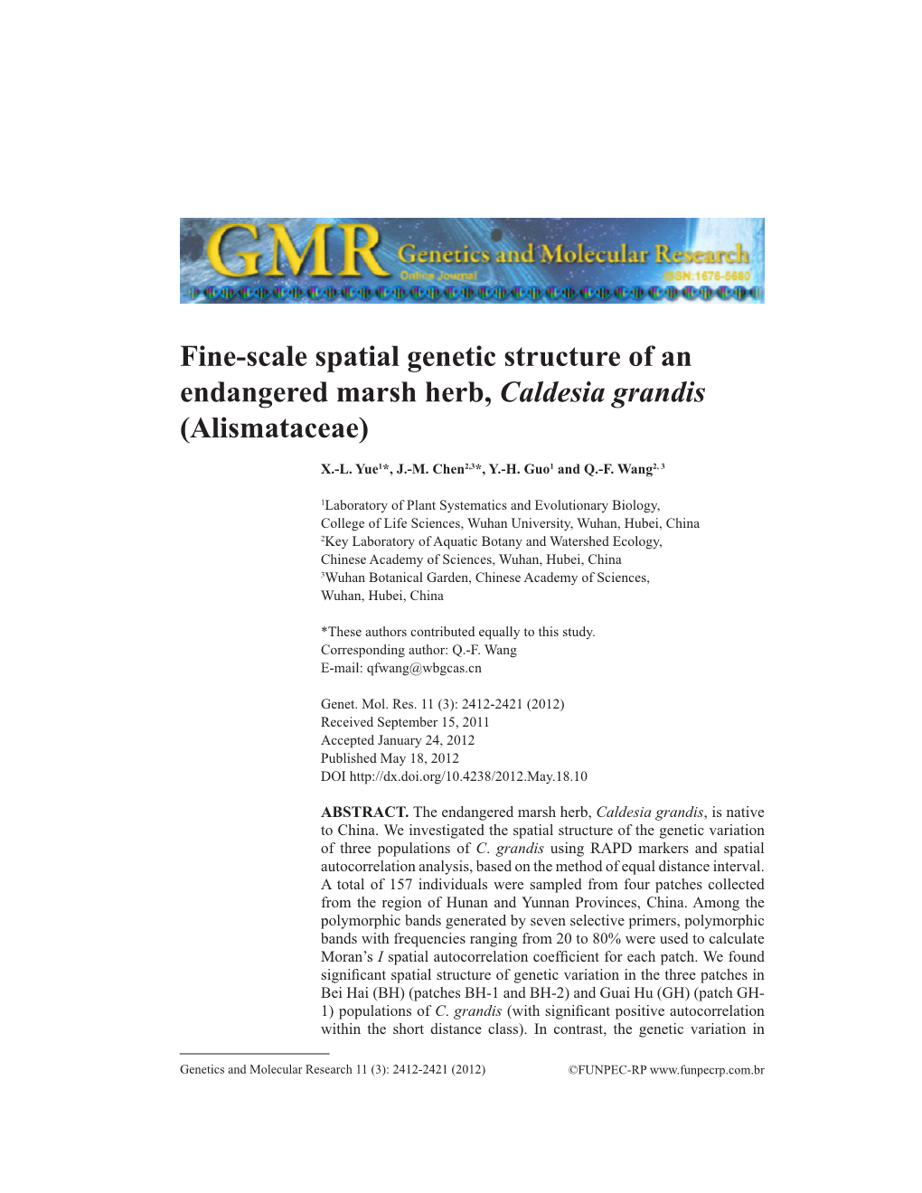 Fine-Scale Spatial Genetic Structure of an Endangered Marsh Herb, Caldesia Grandis (Alismataceae)