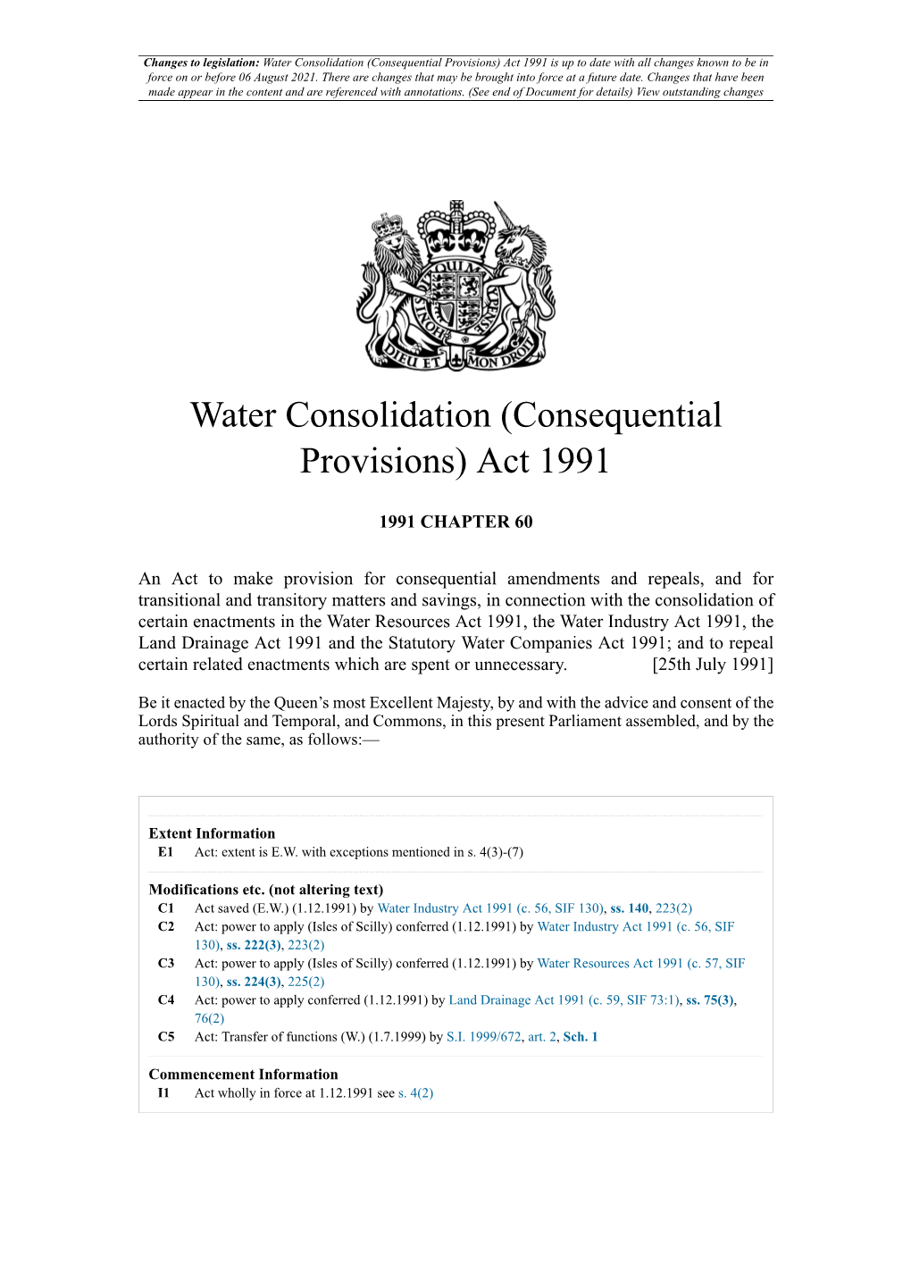 (Consequential Provisions) Act 1991 Is up to Date with All Changes Known to Be in Force on Or Before 06 August 2021