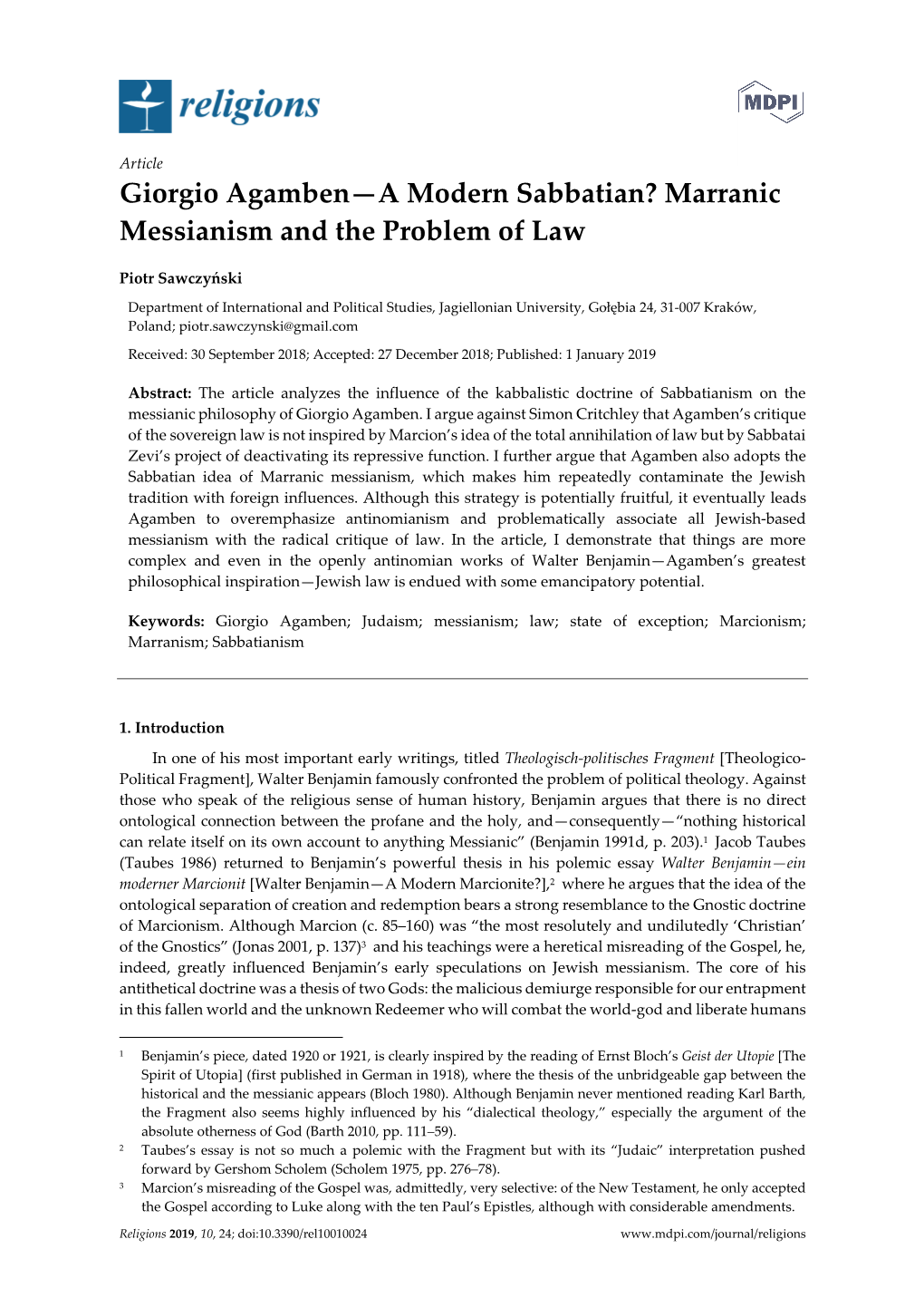 Giorgio Agamben—A Modern Sabbatian? Marranic Messianism and the Problem of Law