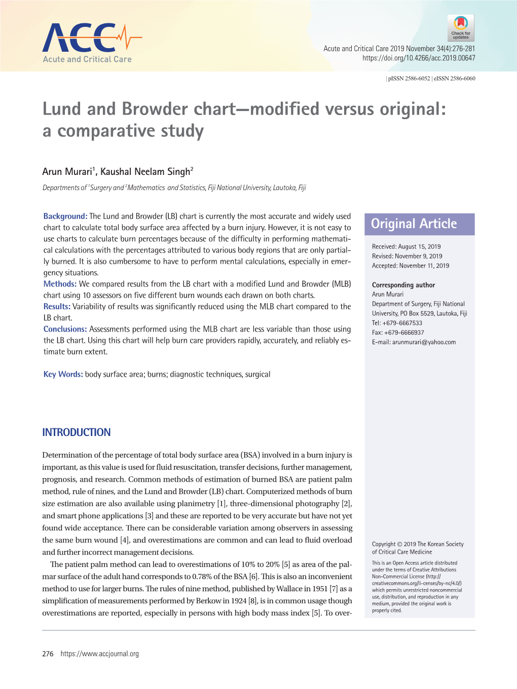 Lund and Browder Chart—Modified Versus Original: a Comparative Study