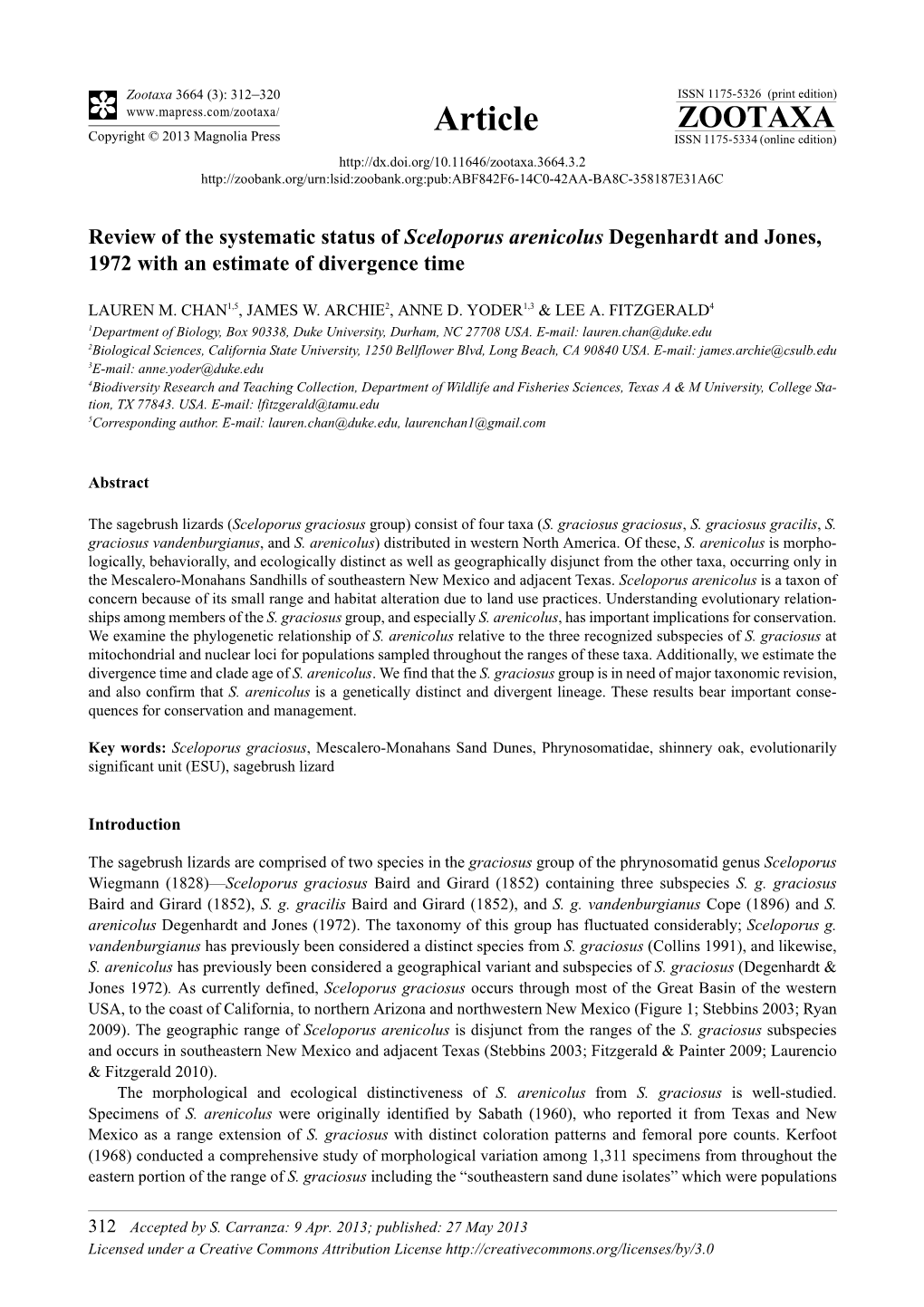 Review of the Systematic Status of Sceloporus Arenicolus Degenhardt and Jones, 1972 with an Estimate of Divergence Time