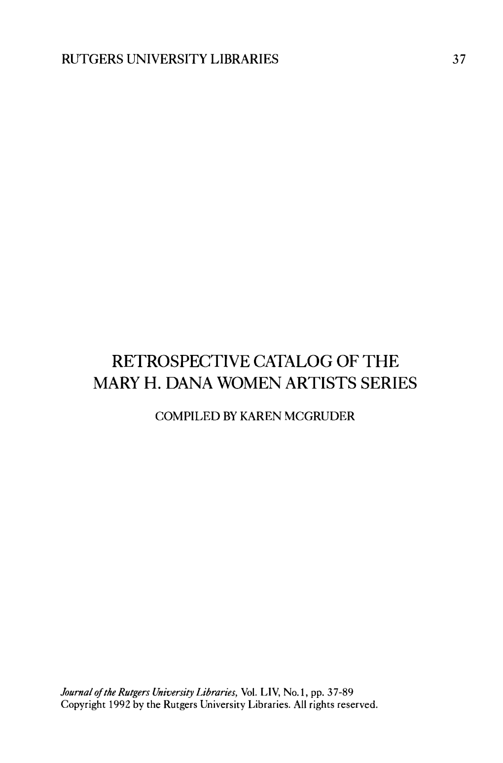 Retrospective Catalog of the Mary H. Dana Women Artists Series