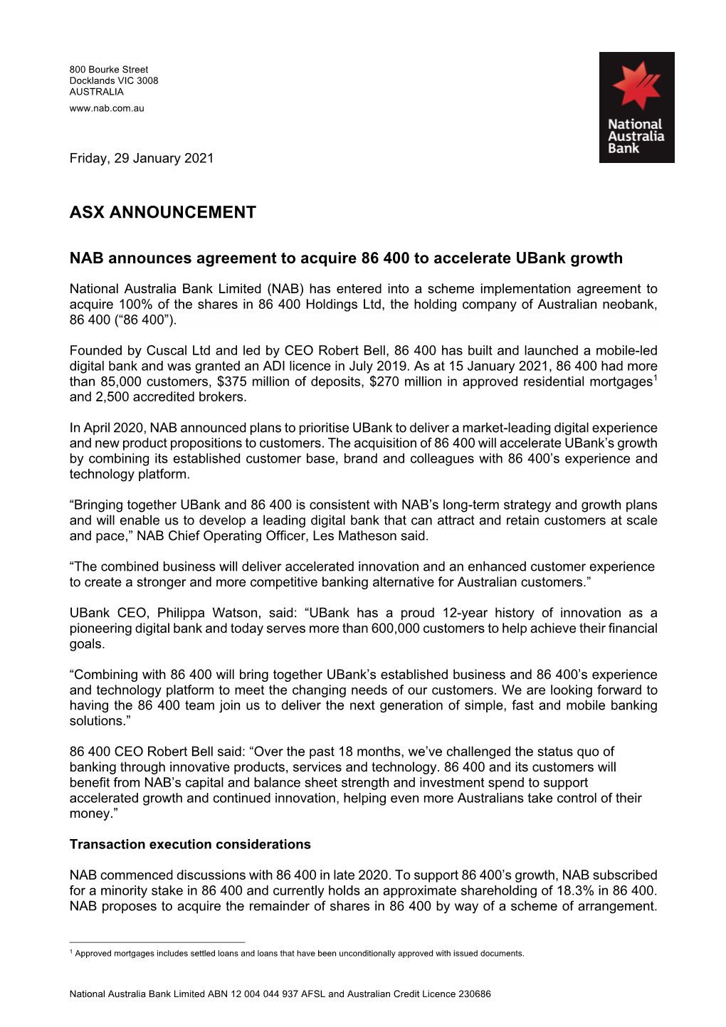 NAB Announces Agreement to Acquire 86 400 to Accelerate Ubank Growth