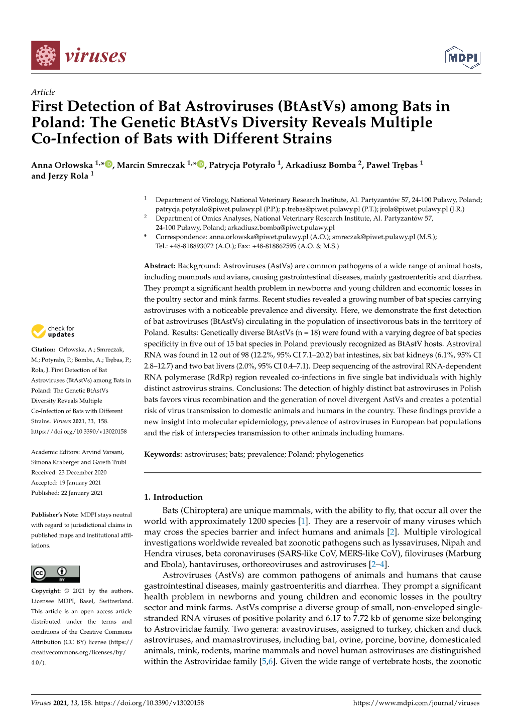 First Detection of Bat Astroviruses (Btastvs) Among Bats in Poland: the Genetic Btastvs Diversity Reveals Multiple Co-Infection of Bats with Different Strains