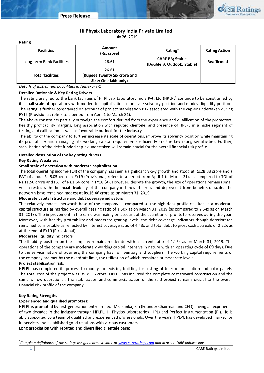 Press Release Hi Physix Laboratory India Private Limited