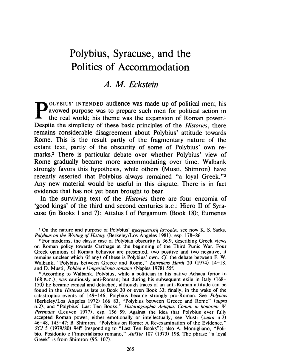 Polybius, Syracuse, and the Politics of Accommodation , Greek, Roman and Byzantine Studies, 26:3 (1985:Autumn) P.265