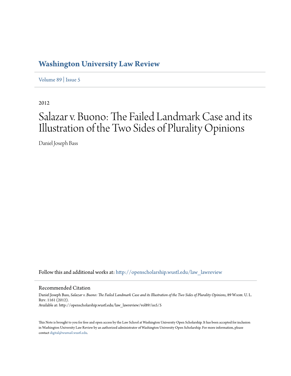 Salazar V. Buono: the Aif Led Landmark Case and Its Illustration of the Two Sides of Plurality Opinions Daniel Joseph Bass